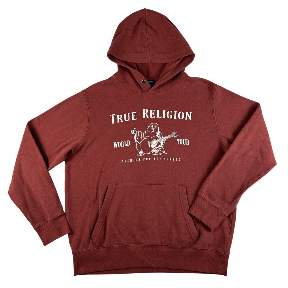 True Religion Hoodie Mens Large Red Buddha Fleece Pullover World Tour Graphic